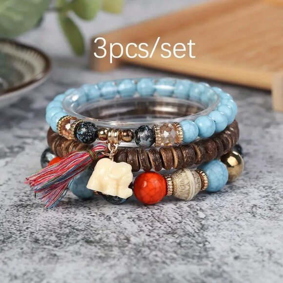 New 3pc Exquisite Bohemian Chic Elephant Tassel Beaded Bracelet - Picture 2 of 5